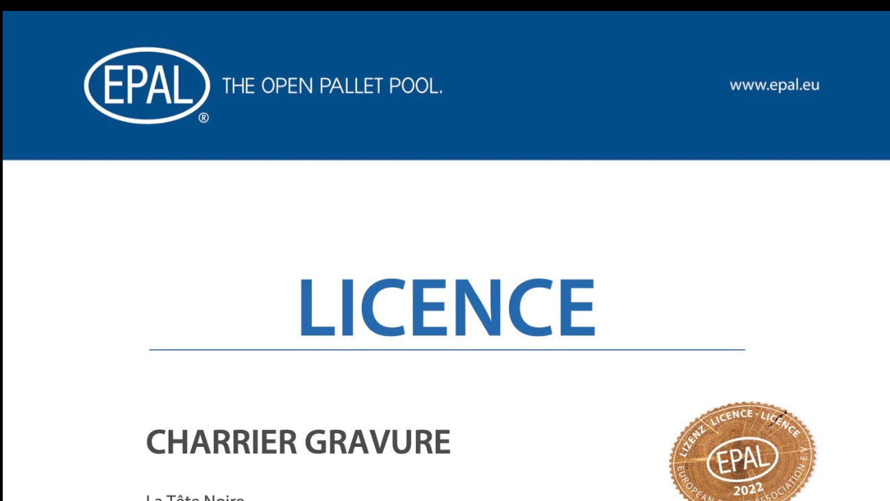 EPAL licence certificate for Charrier Gravure with logos and text on a white background